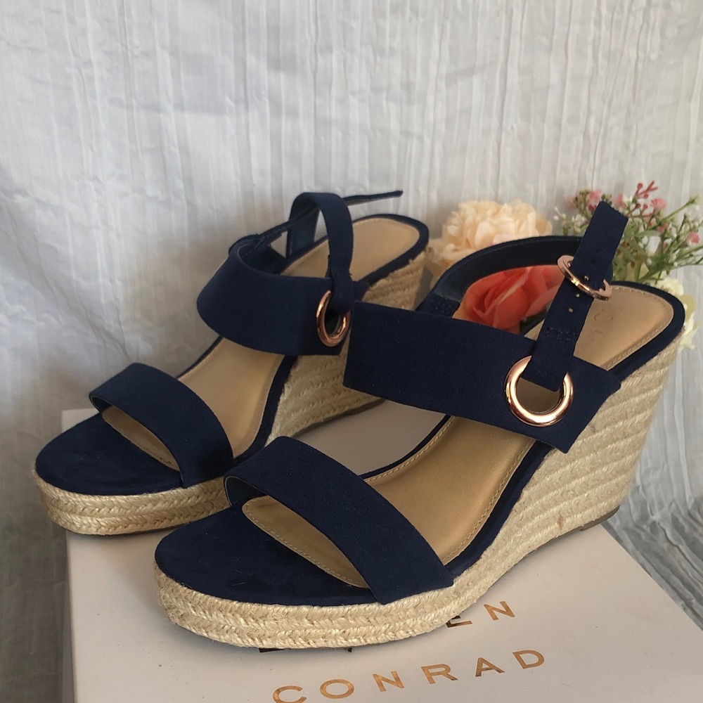 LAUREN CONRAD size 9.5 navy blue platform wedge open toed sandals espadrilles